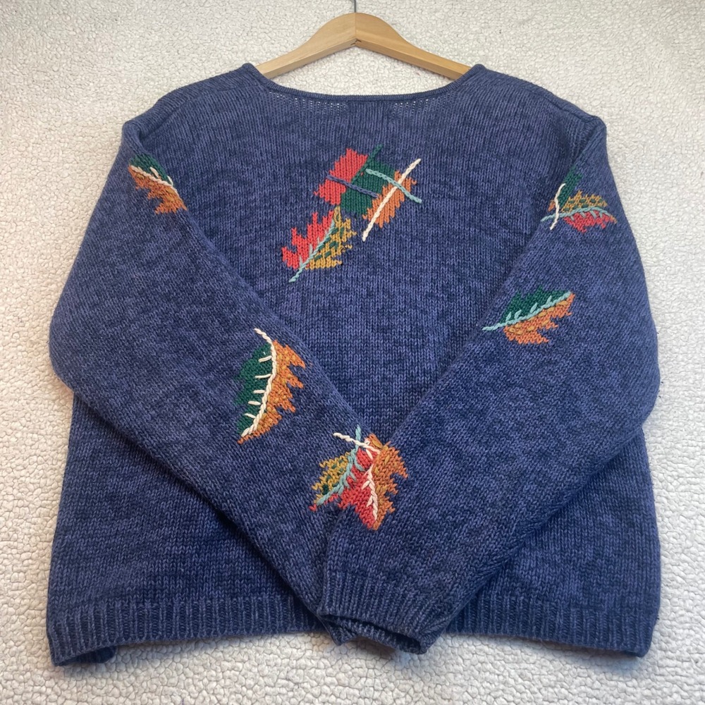 Christopher & Banks Cardigan Womens L Blue Leaf Embroidered Zip Up Sweater Knit - Picture 6 of 7